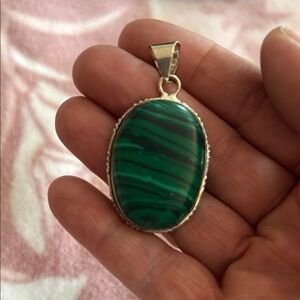 Natural Malachite Oval Pendant – Bold Green Striped Stone in Silver Tone Setting